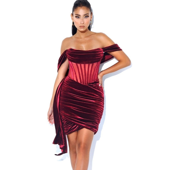 Burgundy Velvet Off Shoulder Corset Dress - Picture 9 of 10